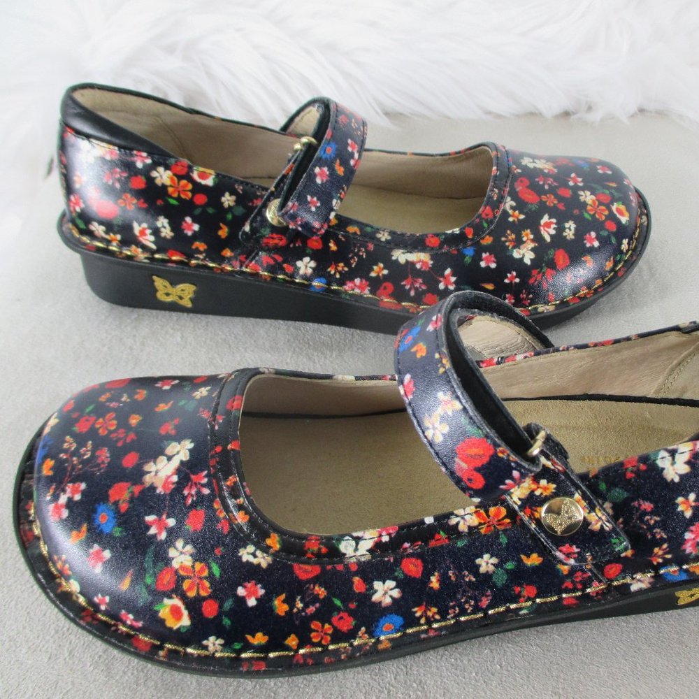 Alegria BEL-7804 Shoes Size 39/US 9 Black Leather Floral Mary Jane Nurse Clogs